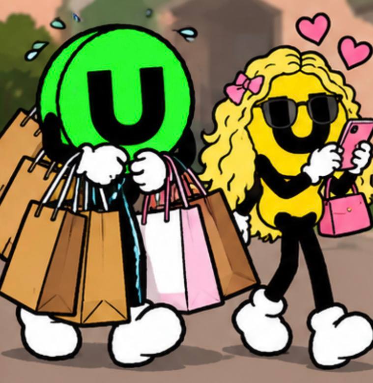 USEFUL carries all the shopping bags while USELESS checks her phone.