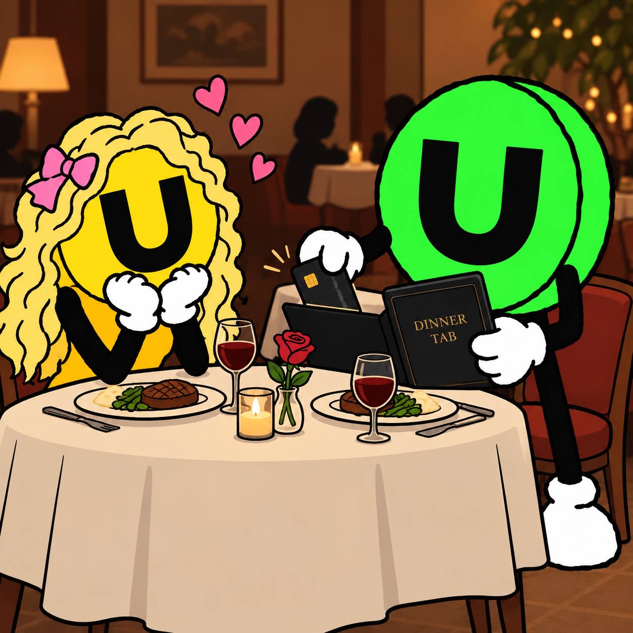 USEFUL picks up the dinner bill while USELESS watches lovingly.